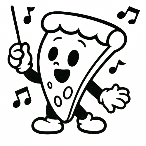 une part de pizza anthropomorphe, joyeuse, avec des yeux, une bouche, des joues roses, des bras et jambes gantés et chaussés, qui dirige un orchestre avec une baguette de chef d’orchestre. Des notes de musique flottent autour d’elle, renforçant l’ambiance festive et artistique.