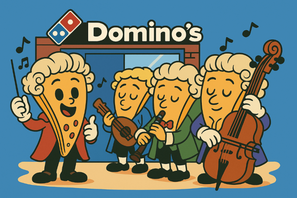 Illustration humoristique de tranches de pizza anthropomorphes déguisées en musiciens classiques du XVIIIe siècle, avec perruques poudrées et habits d’époque. Devant un restaurant Domino’s, l’une dirige avec une baguette, les autres jouent du violon, du violoncelle et de la flûte à bec. Des notes de musique flottent autour d’eux, évoquant une performance festive et décalée.